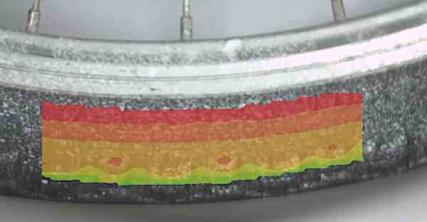 2D DIC strain analysis of a bicycle tyre during compression cycle, courtesy Image Systems.