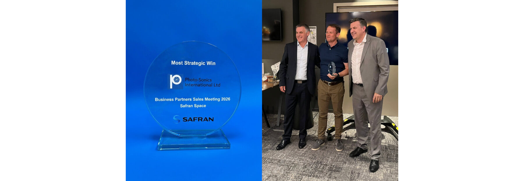 Photo-Sonics International received award for the Most Stratigic Win at the Safran Space Business Partner Meeting, 11th June 2026